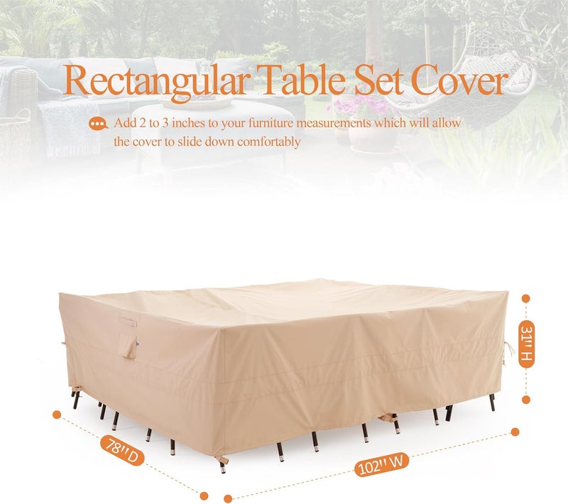 WJ-X3 Rectangular Beige Patio Table Cover, 102W x 78D x 31H Inches - Heavy Duty, Waterproof, Wind-Resistant, Anti-Fade - Ideal for Outdoor Dining Set Protection - Image 2